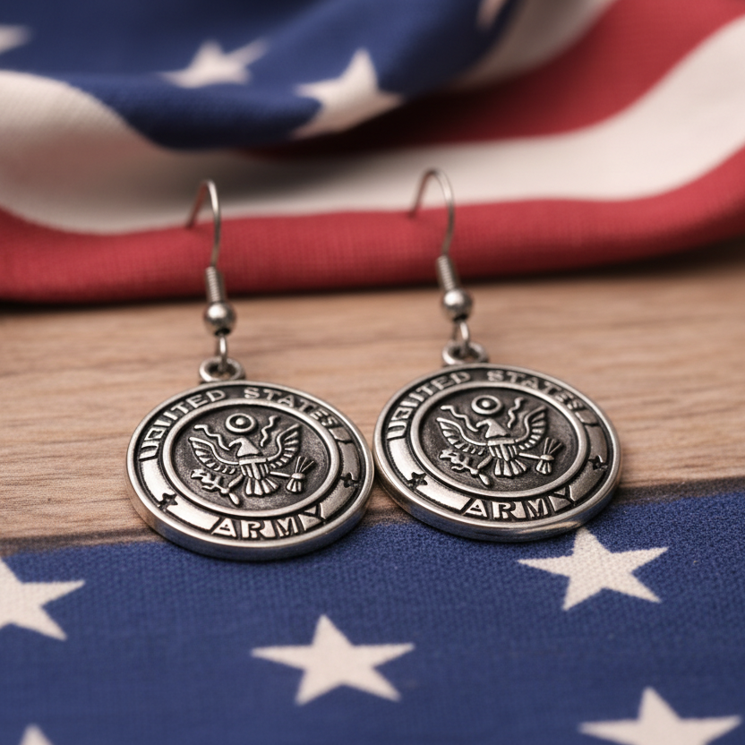 US Army dangle earrings with engraved military emblem, hypoallergenic and lead-free, from the Jewelry by Sonya Lee collection.