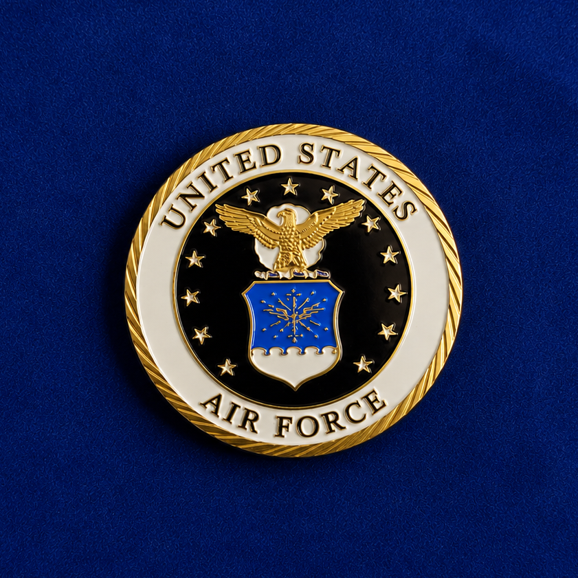 United States Air Force emblem featuring an eagle and blue shield on a gold-bordered round medallion.