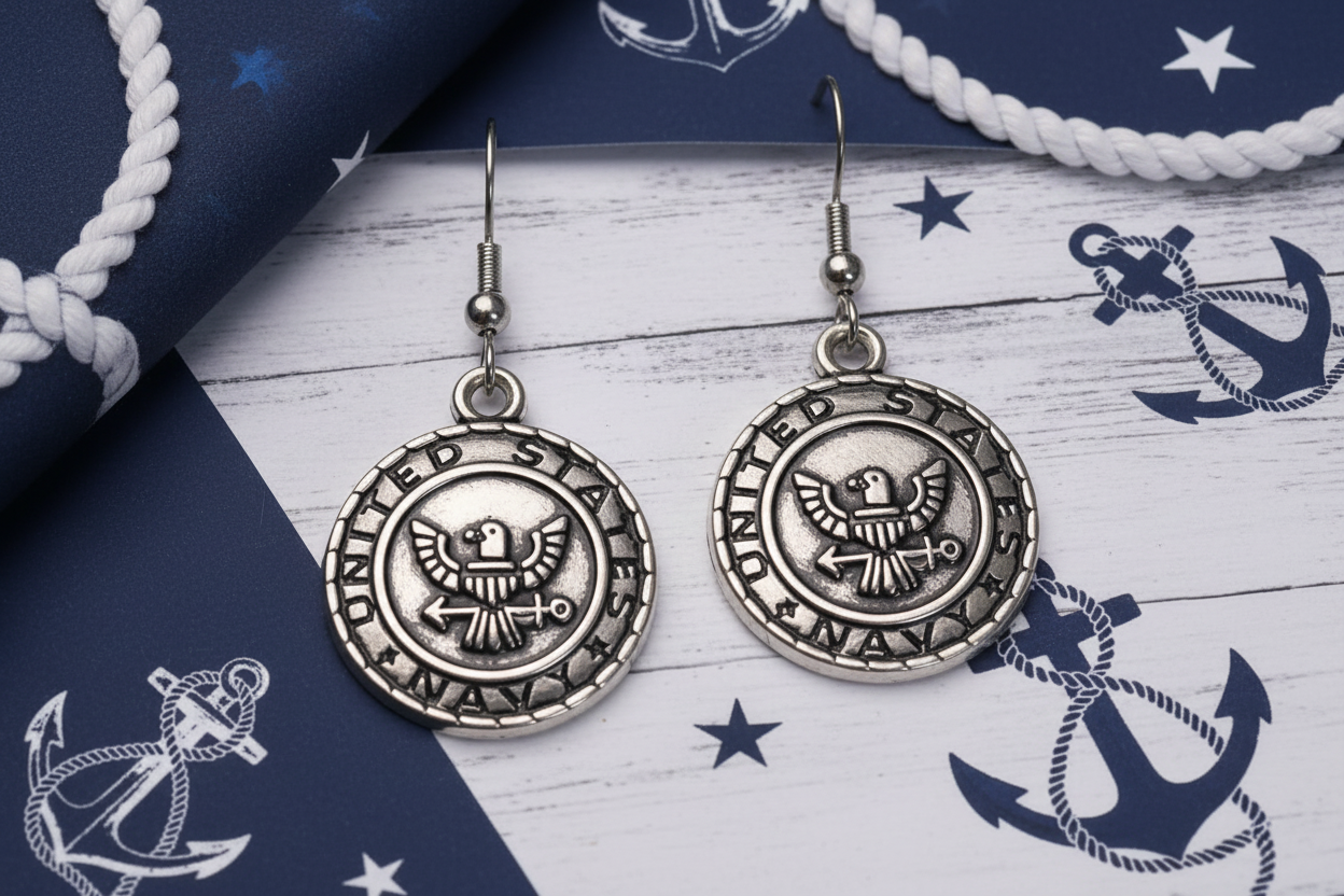 Pair of US NAVY, silver coin-shaped earrings on a US Navy themed background