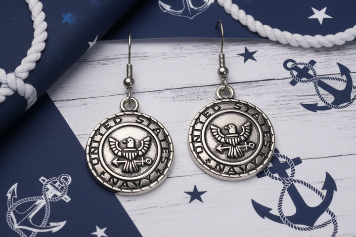 Pair of US NAVY, silver coin-shaped earrings on a US Navy themed background