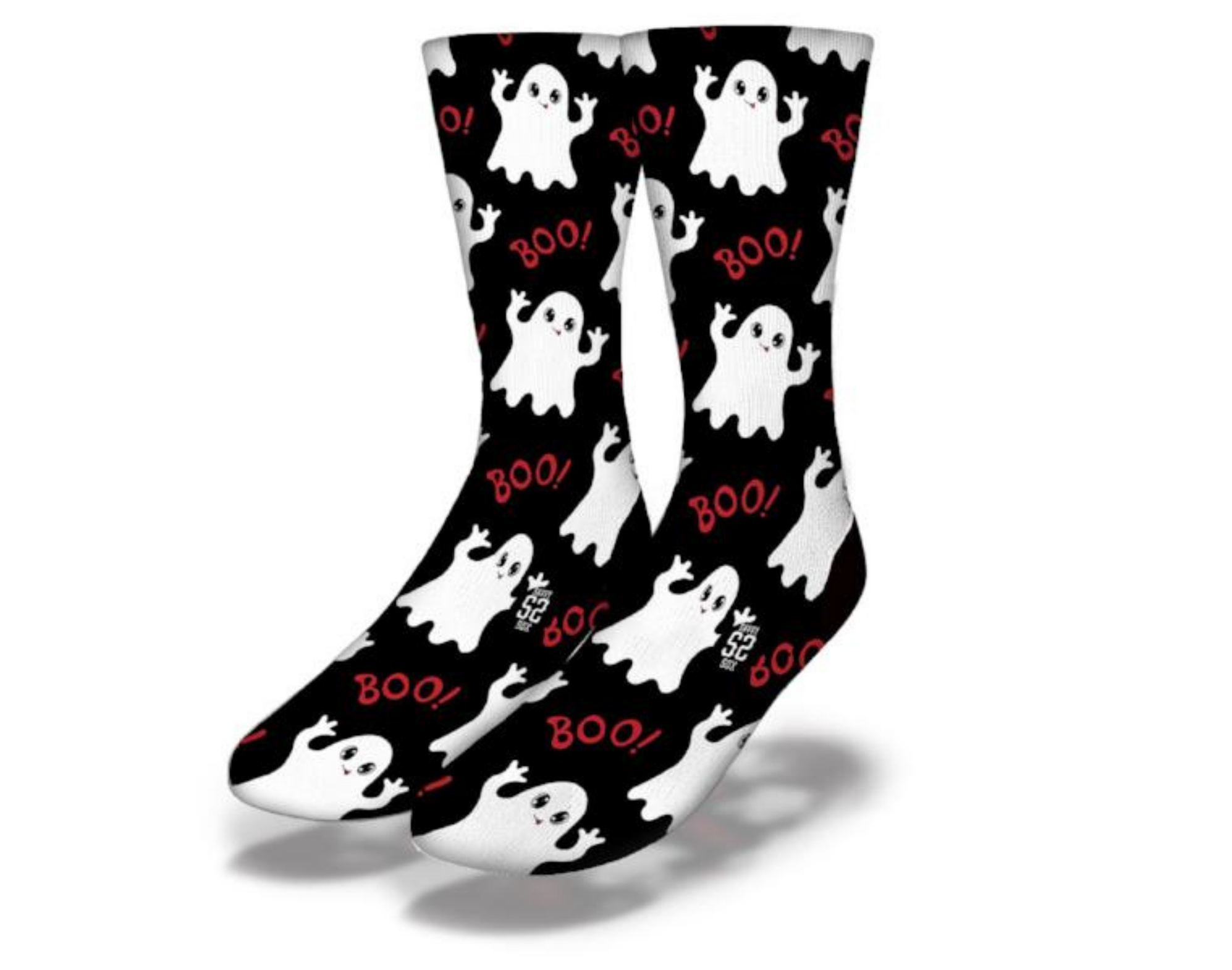 Fun Halloween themed socks, with ghosts and the word Boo as a design.