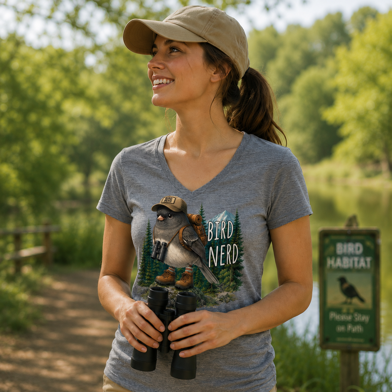 Bird lovers T-shirts featuring a woman wearing a Bird Nerd design shirt in a nature setting.