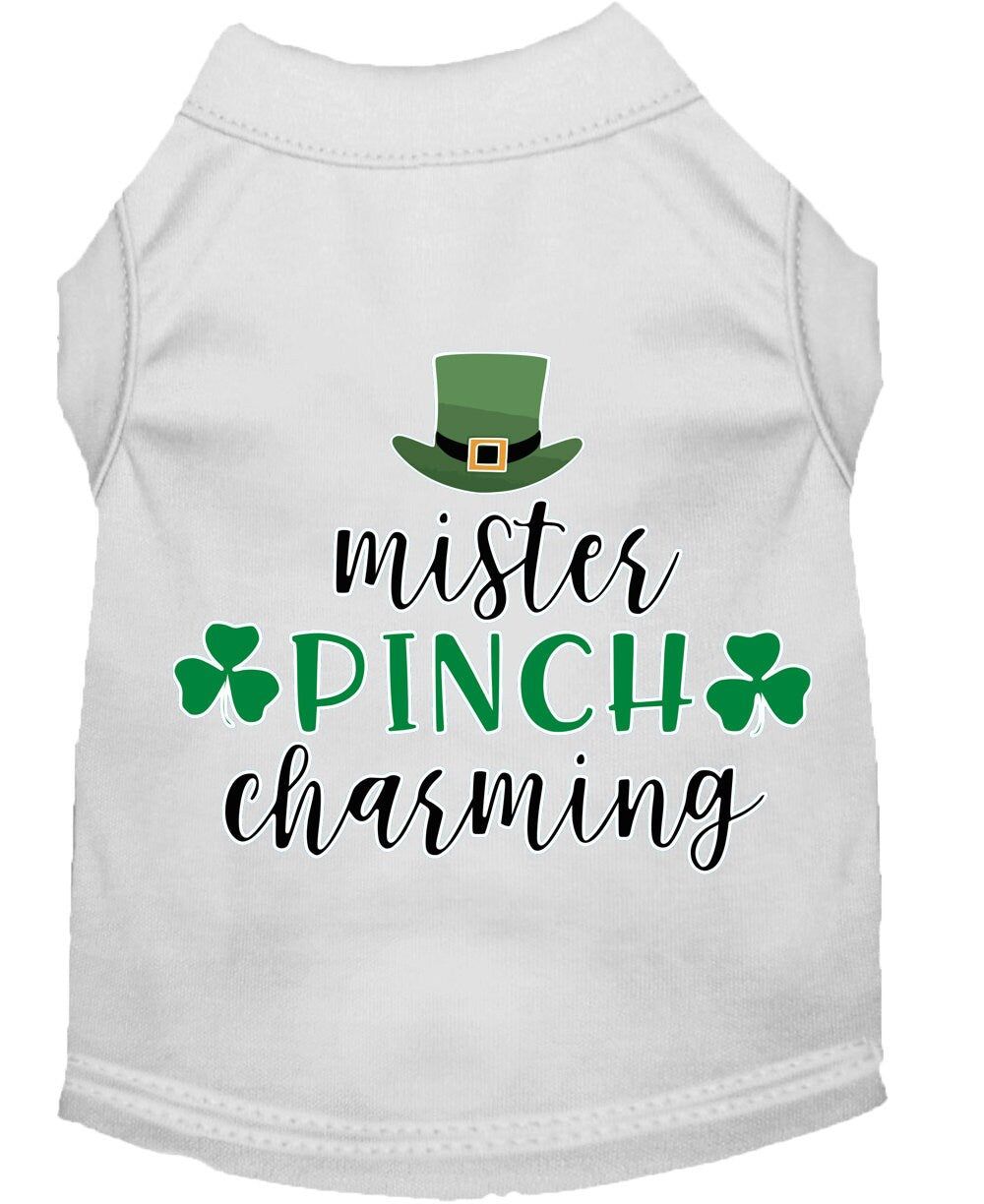 Dog tank top with 'mister pinch charming' text and leprechaun hat design on a white background