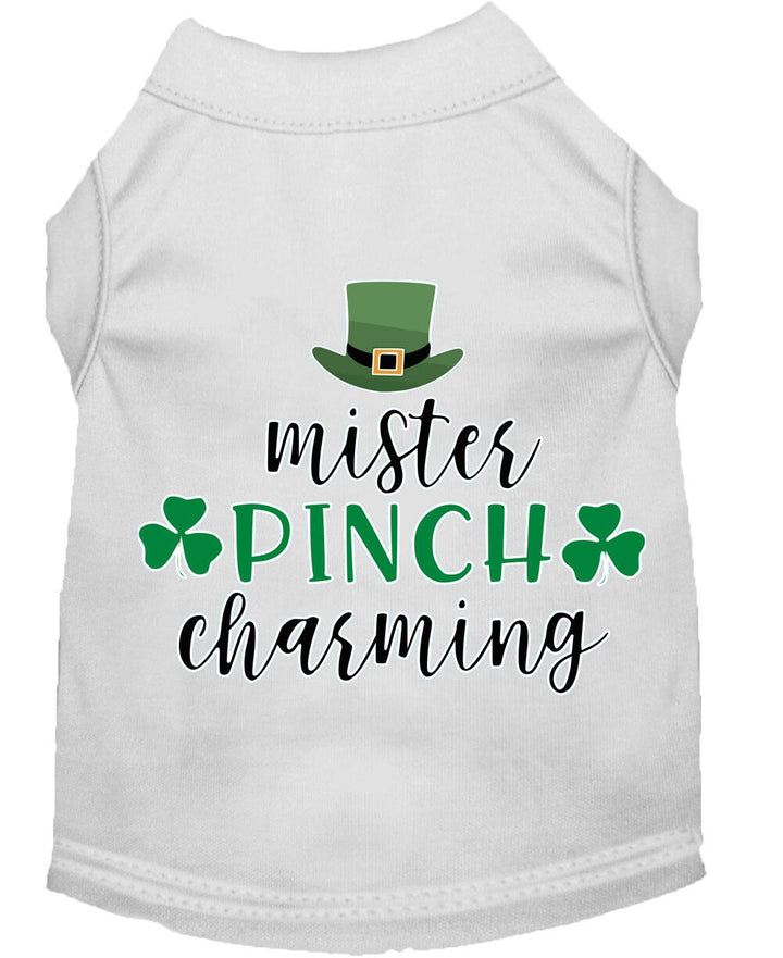 Dog tank top with 'mister pinch charming' text and leprechaun hat design on a white background