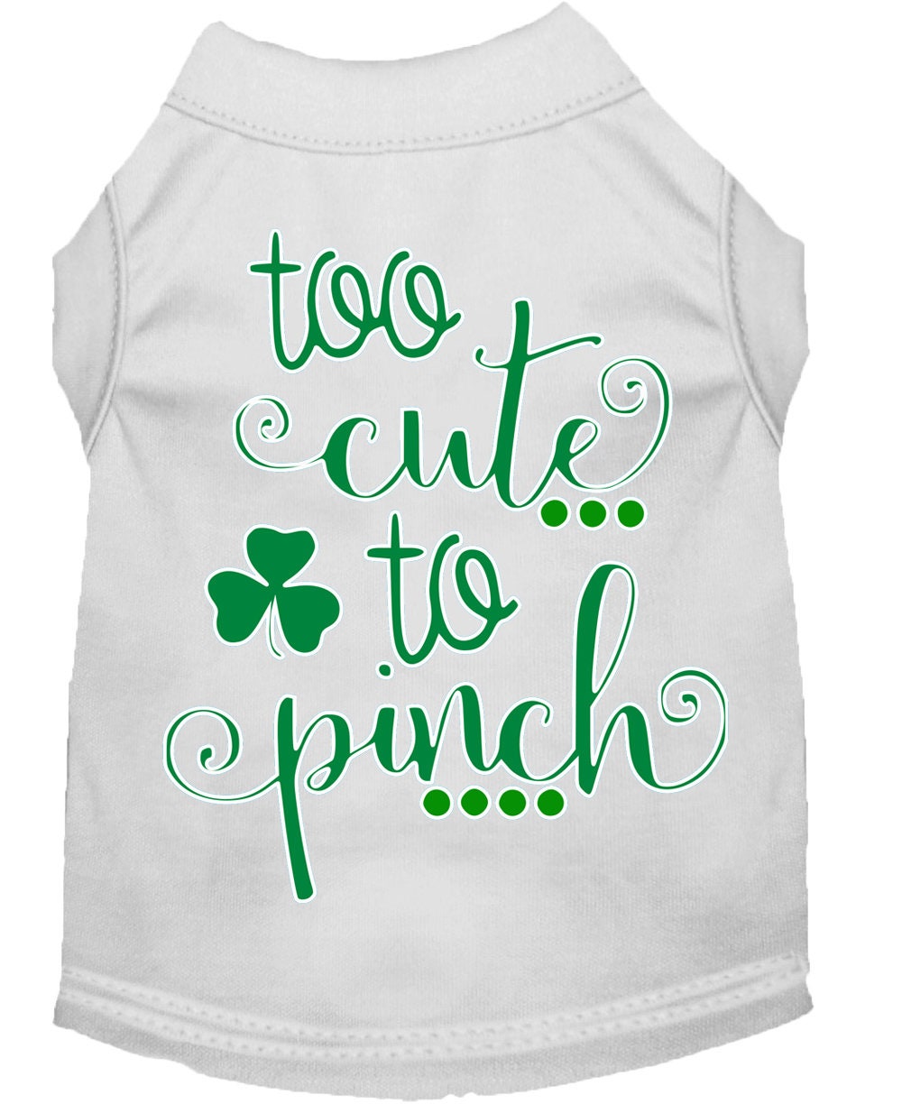 White pet shirt with green text and shamrock on a white background
