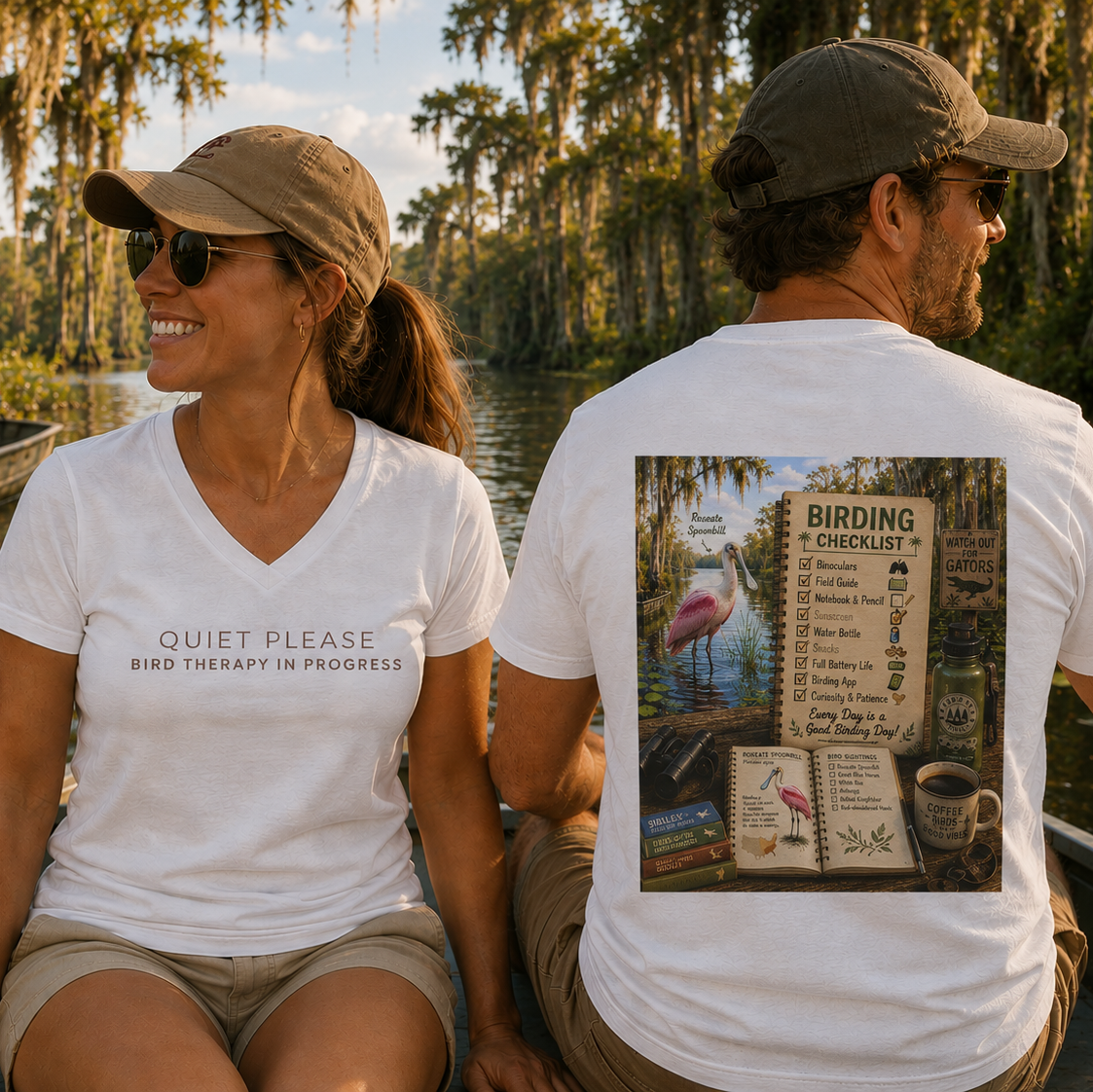 Regional birding t-shirt featuring a Southern birdwatching checklist with a Roseate Spoonbill design inspired by Life Inspired™ gifts that give back.