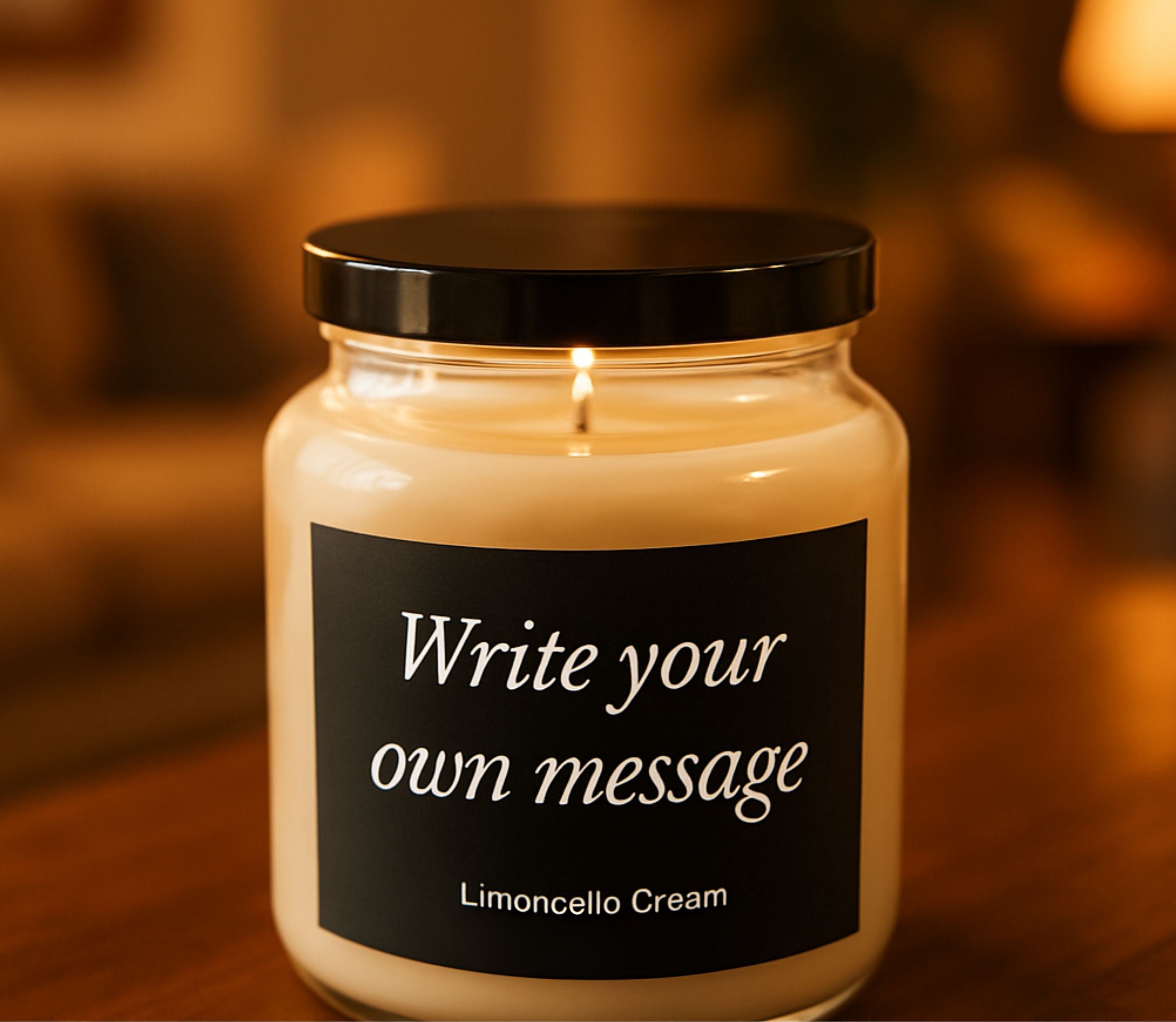 Jar candle with a label inviting to write a message, set against a warm background.