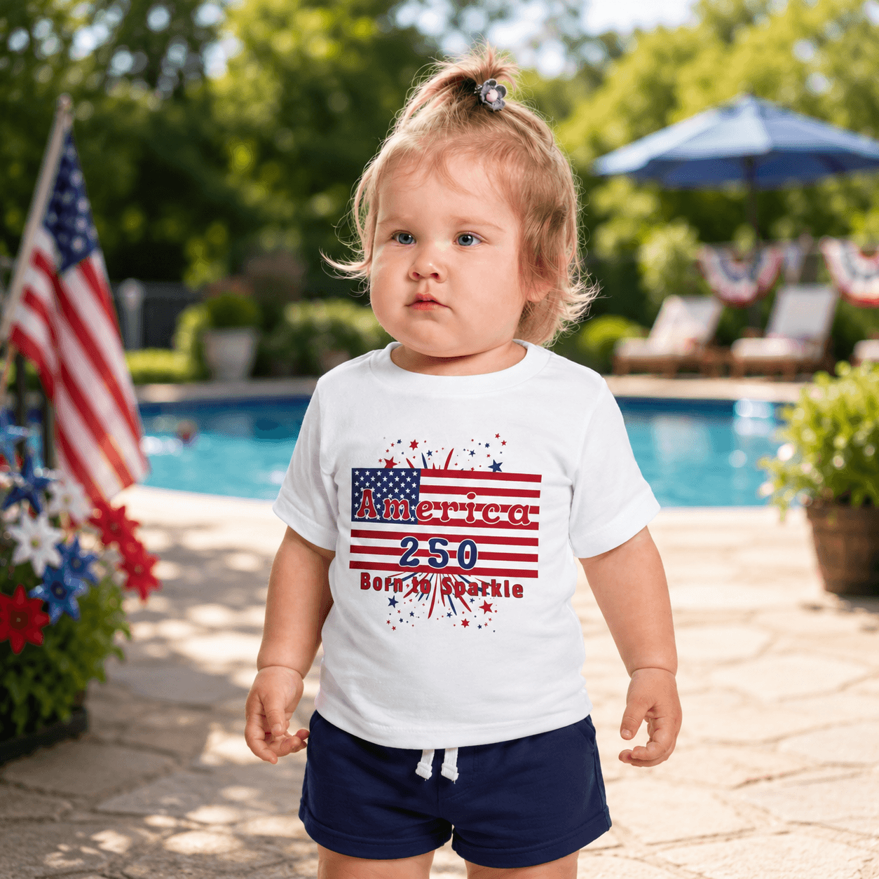 America 250 patriotic toddler t-shirt worn by a toddler outside by a pool, celebrating America's birthday.