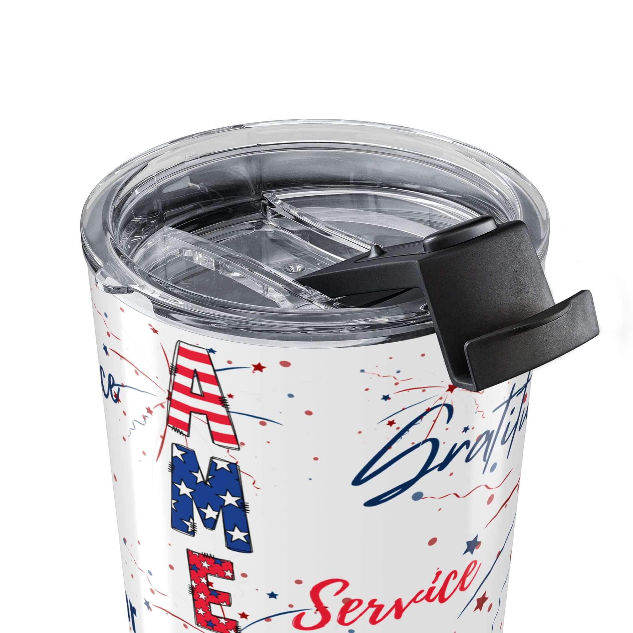 Close-up view of America 250 patriotic travel mug showing retro graphics and a spill-proof lid.
