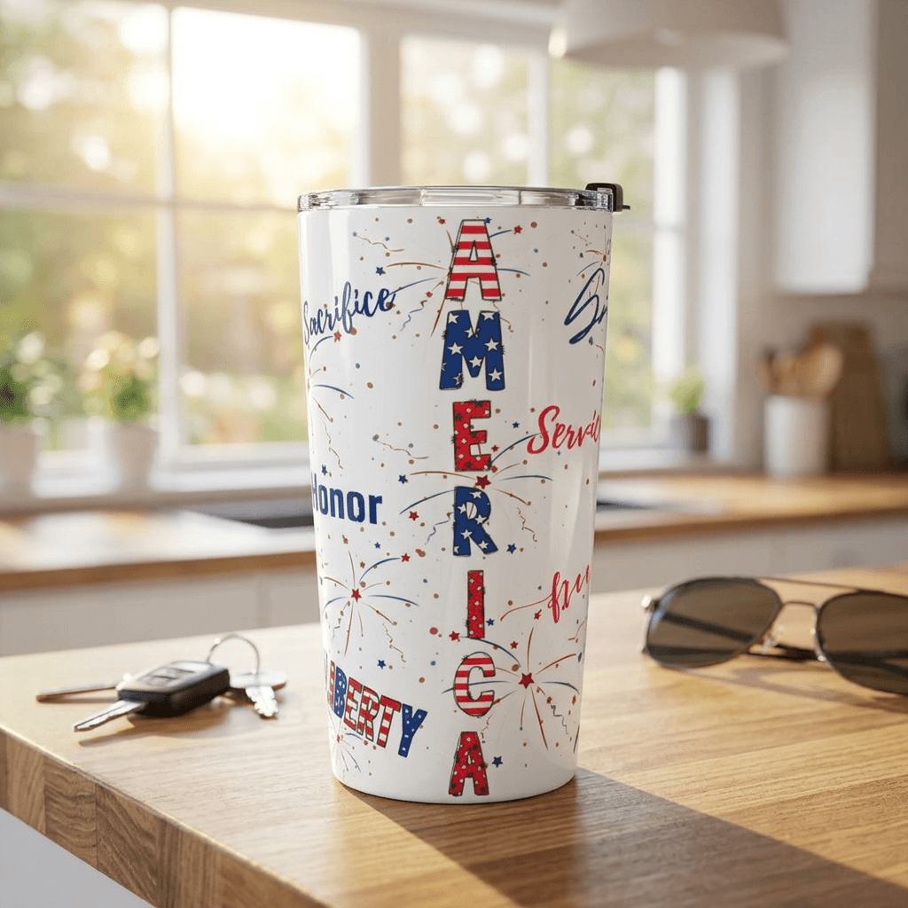 America 250 patriotic travel mug showcasing retro Americana graphics and a vibrant red, white, and blue design.