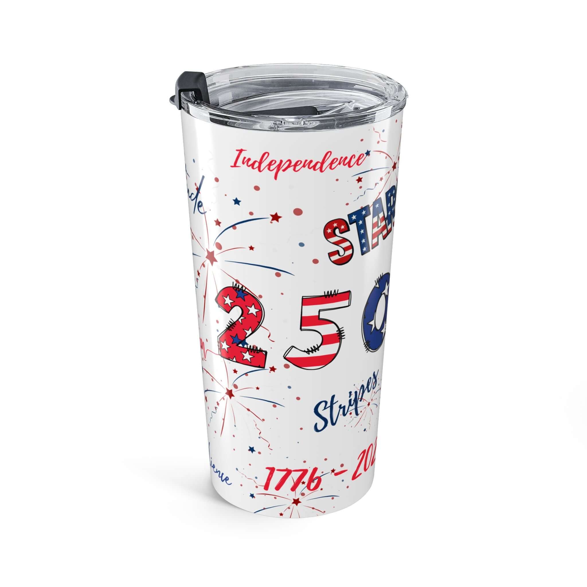America 250 patriotic travel mug featuring retro Americana graphics and a festive red, white, and blue design.