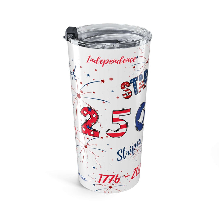 America 250 patriotic travel mug featuring retro Americana graphics and a festive red, white, and blue design.