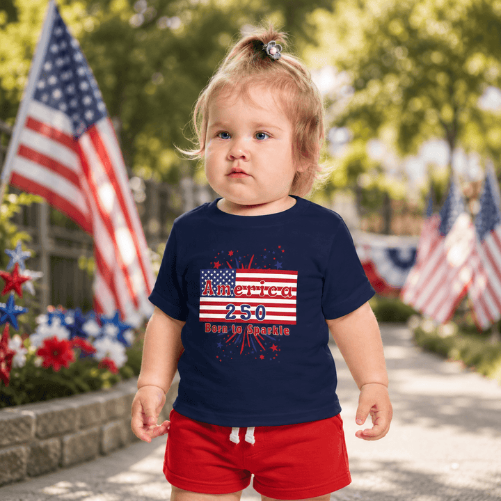 America 250 patriotic toddler t-shirt worn by a child, celebrating with red, white, and blue design in festive surroundings.