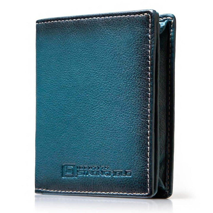 RFID secure leather bifold wallet in blue with slim maximum storage design for cards cash and ID