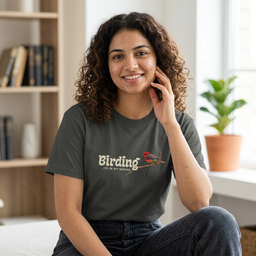 Woman wearing charcoal Birding It's My Nature boxy tee featuring birdwatching graphic design.