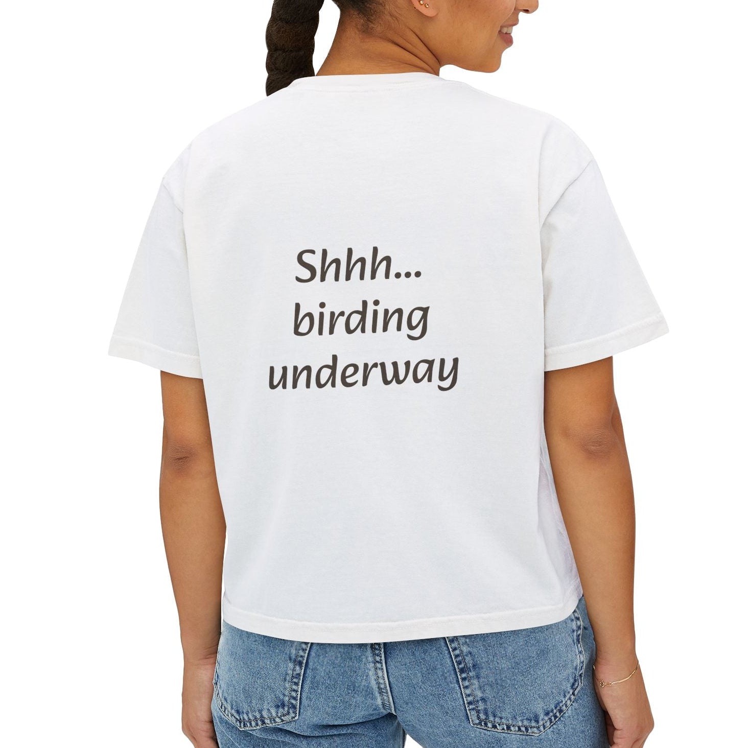Back view of Birding It's My Nature women's boxy tee with coordinating birding-themed design.