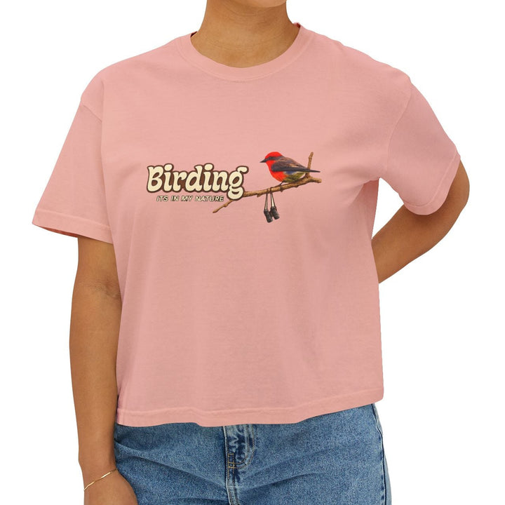 Woman modeling pink Birding It's My Nature cropped t-shirt with birdwatching artwork.