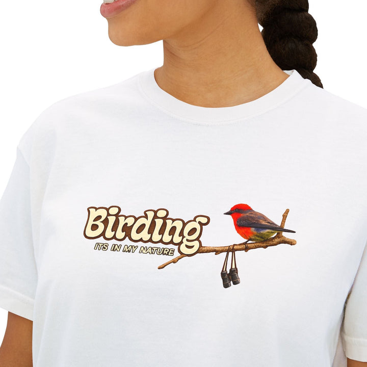 Close-up of white Birding It's My Nature graphic tee featuring colorful bird illustration