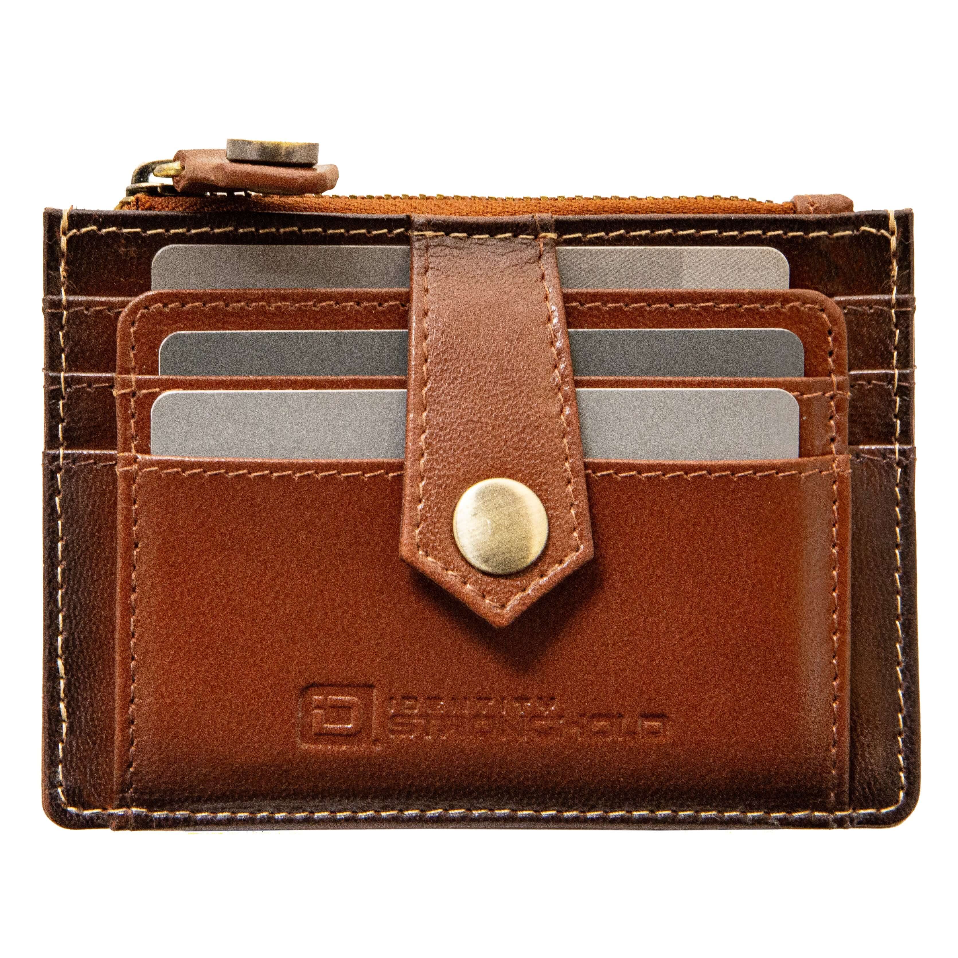 Brown RFID blocking leather money clip mini wallet with zipper pocket, card slots, ID window, and slim front pocket design
