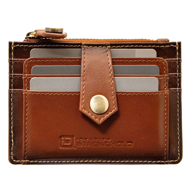 Brown RFID blocking leather money clip mini wallet with zipper pocket, card slots, ID window, and slim front pocket design