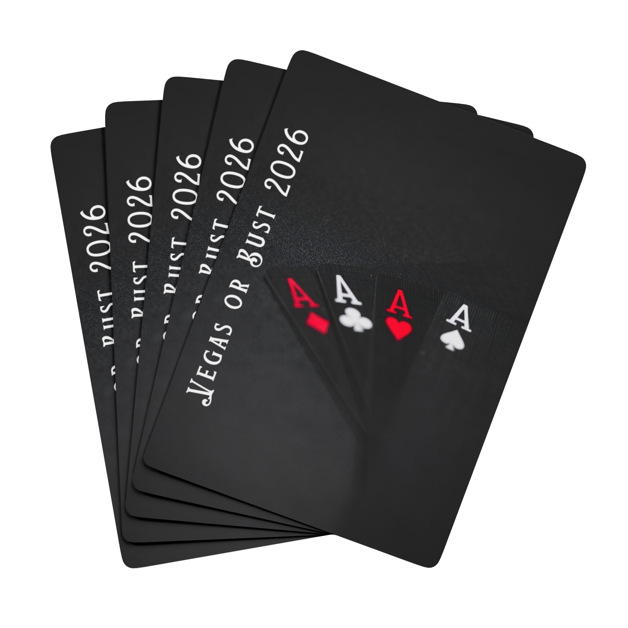 Black playing cards with 'Vegas or Bust 2026' text and card suits on a white background