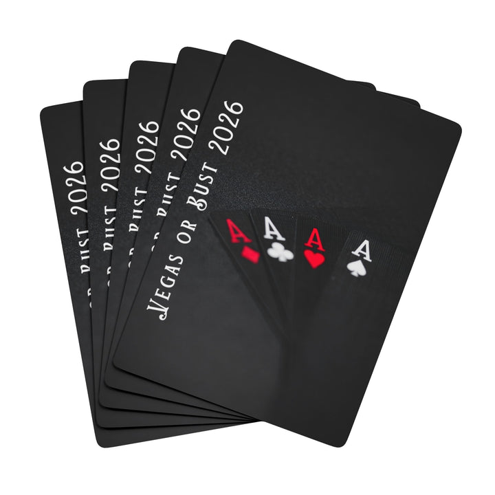 Black playing cards with 'Vegas or Bust 2026' text and card suits on a white background