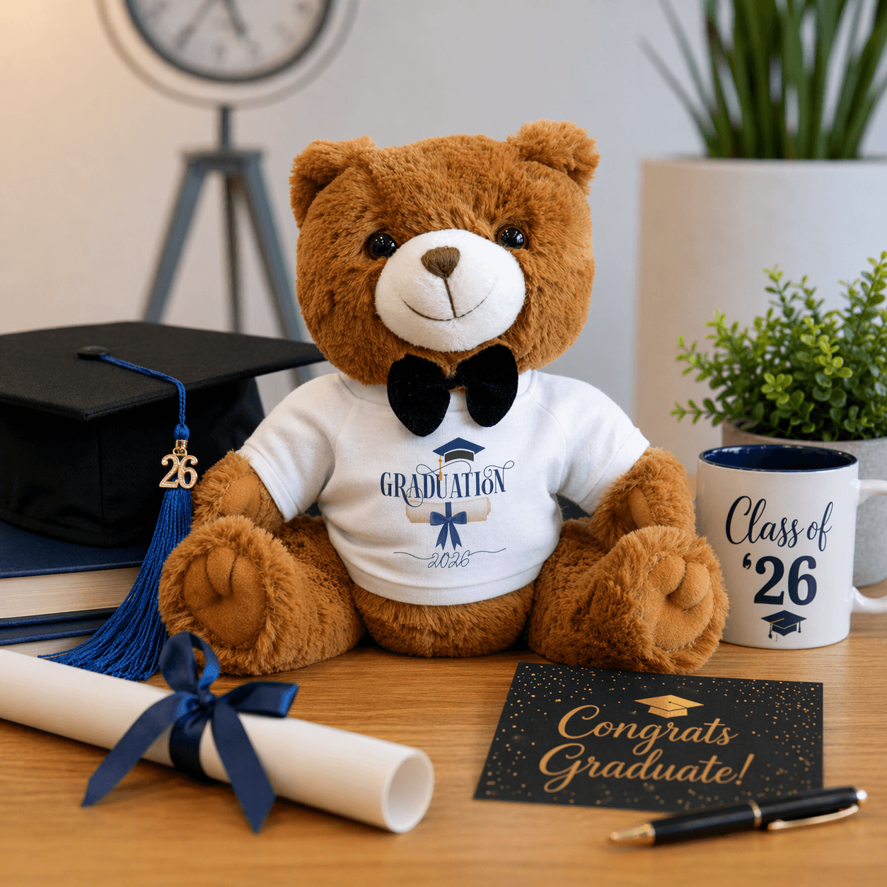 Plush graduation teddy bear gift set displayed on a wooden desk with diploma scroll, Class of ’26 coffee mug, graduation cap with blue tassel, congratulation card, and pen.