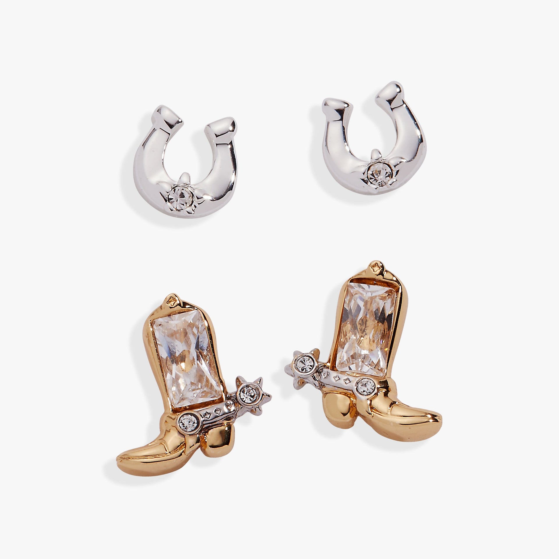 Cowgirl earring studs Cowboy boots and Horseshoes set featuring silver horseshoe and gold cowboy boot earrings.