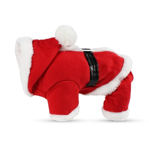 Red Christmas pet sweater with black belt and white trim for small dogs