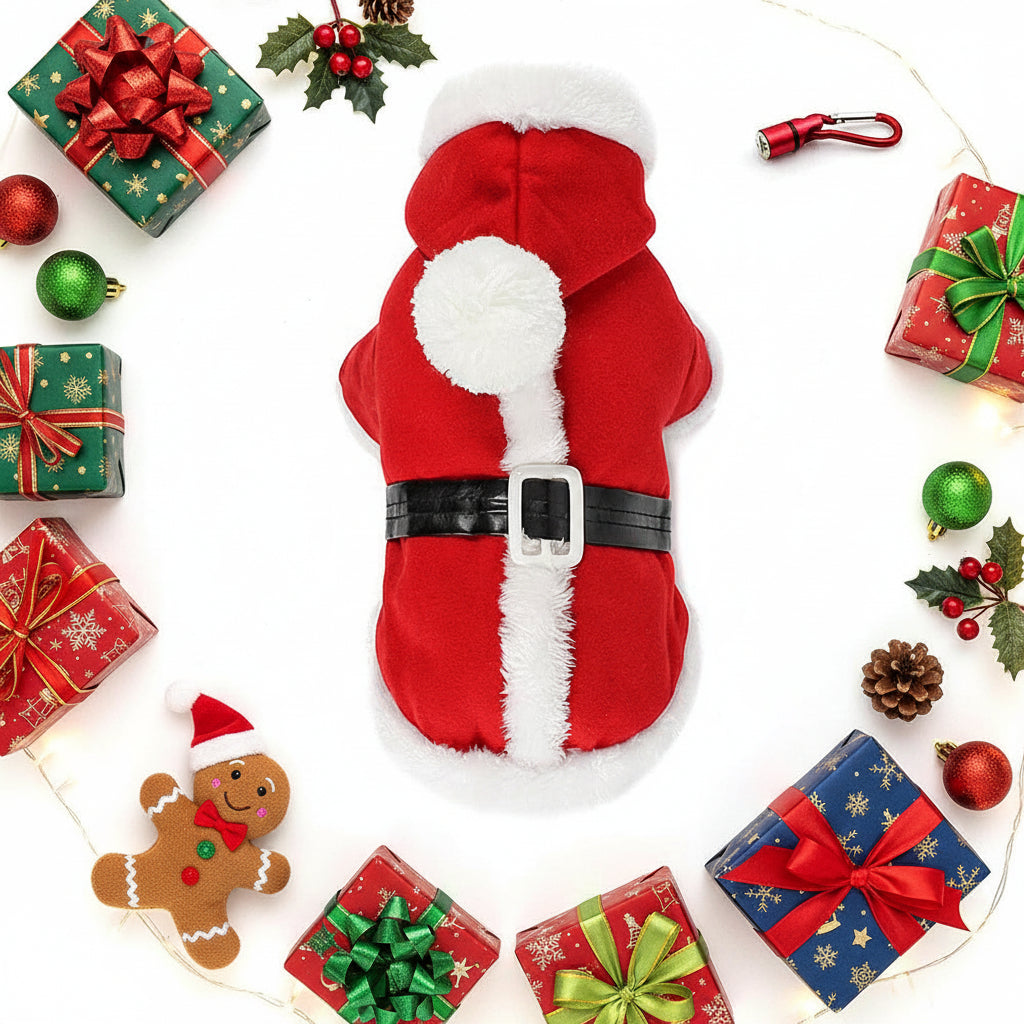 Santa dog outfit displayed with holiday gifts and decorations