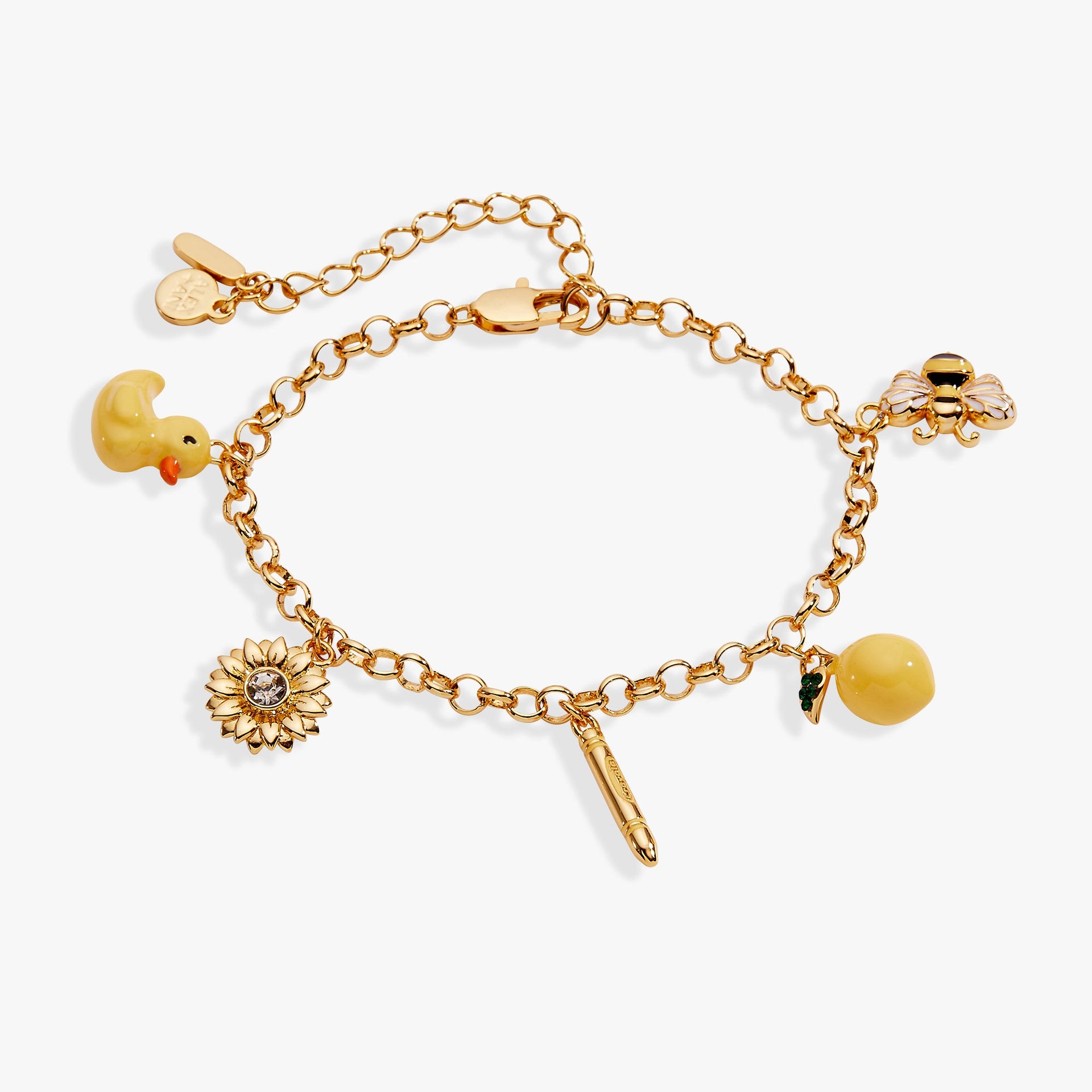 Crayola Sunglow charm bracelet with duck sunflower crayon lemon and bee charms in gold finish