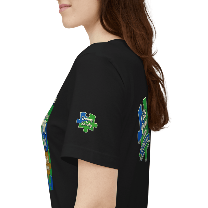 Side view of a custom promposal t-shirt featuring bold puzzle graphics for prom '26 invitation.