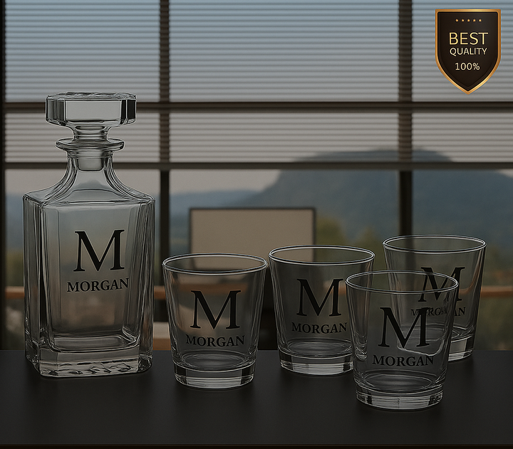 Personalized square whiskey decanter set with four engraved rocks glasses displayed in a premium gift box for weddings, anniversaries, retirements, and corporate gifts - Black