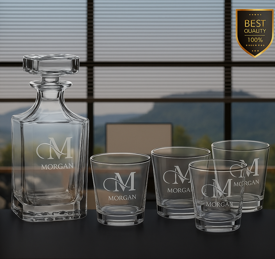 Personalized square whiskey decanter set with four engraved rocks glasses displayed in a premium gift box for weddings, anniversaries, retirements, and corporate gifts