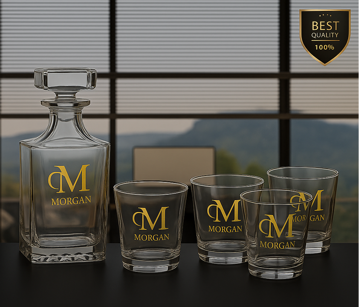 Personalized square whiskey decanter set with four engraved rocks glasses displayed in a premium gift box for weddings, anniversaries, retirements, and corporate gifts - Gold 