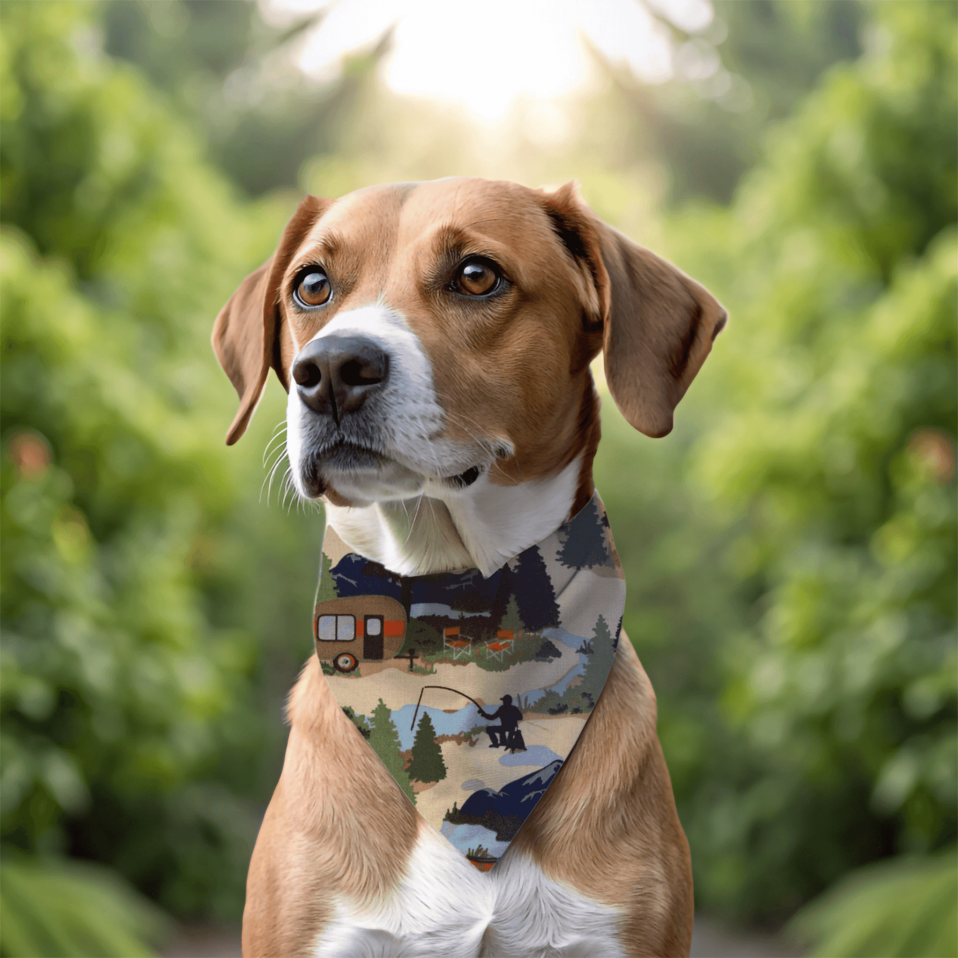 Brown and white dog wearing camping themed bandana with trailer, fishing, and forest design in outdoor portrait setting