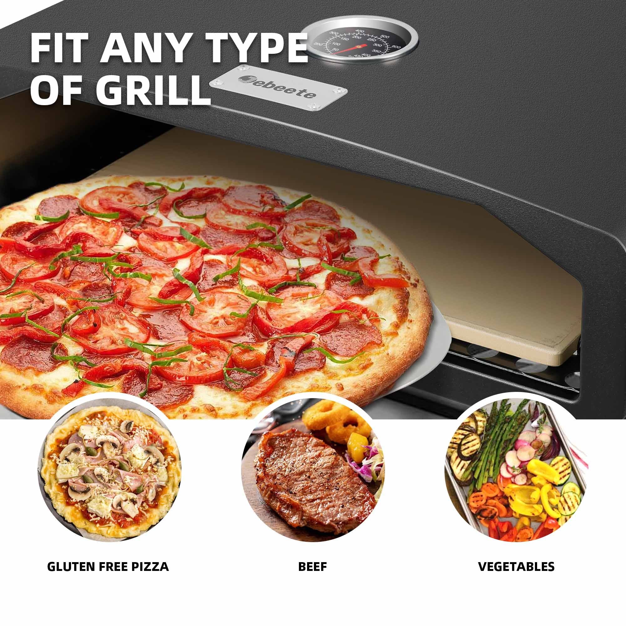 Portable Pizza Oven for Outdoor Camp Stove and Indoor Gas Range, Stove Burner Top Pizza Box with Pizza Stone and Pizza Peel,Black featuring various foods.