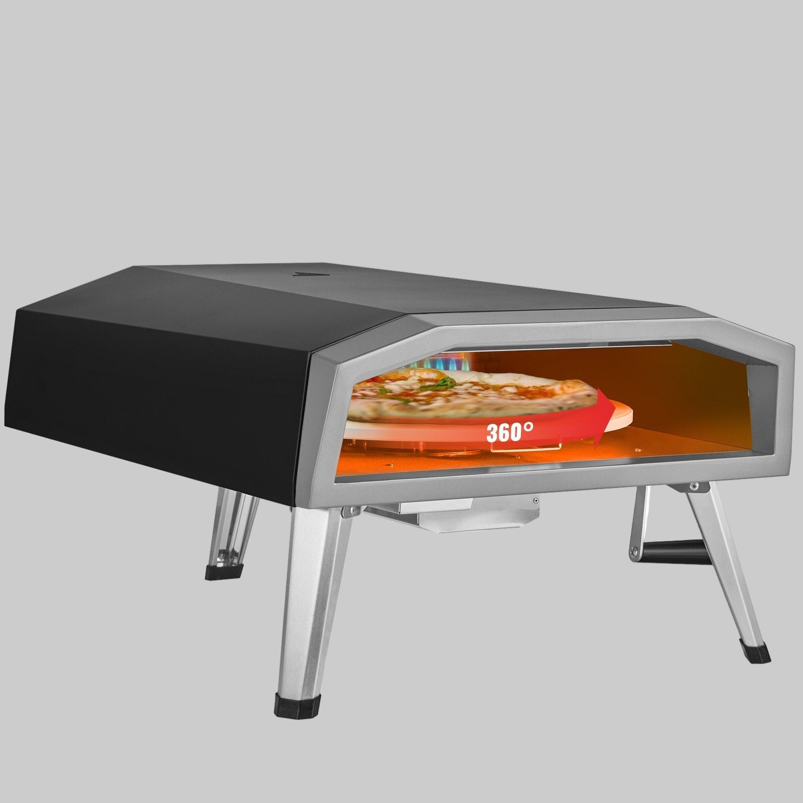 Outdoor, Portable  Pizza Oven, 16-inch, Gas Fired Pizza Maker with pizza cooking inside.