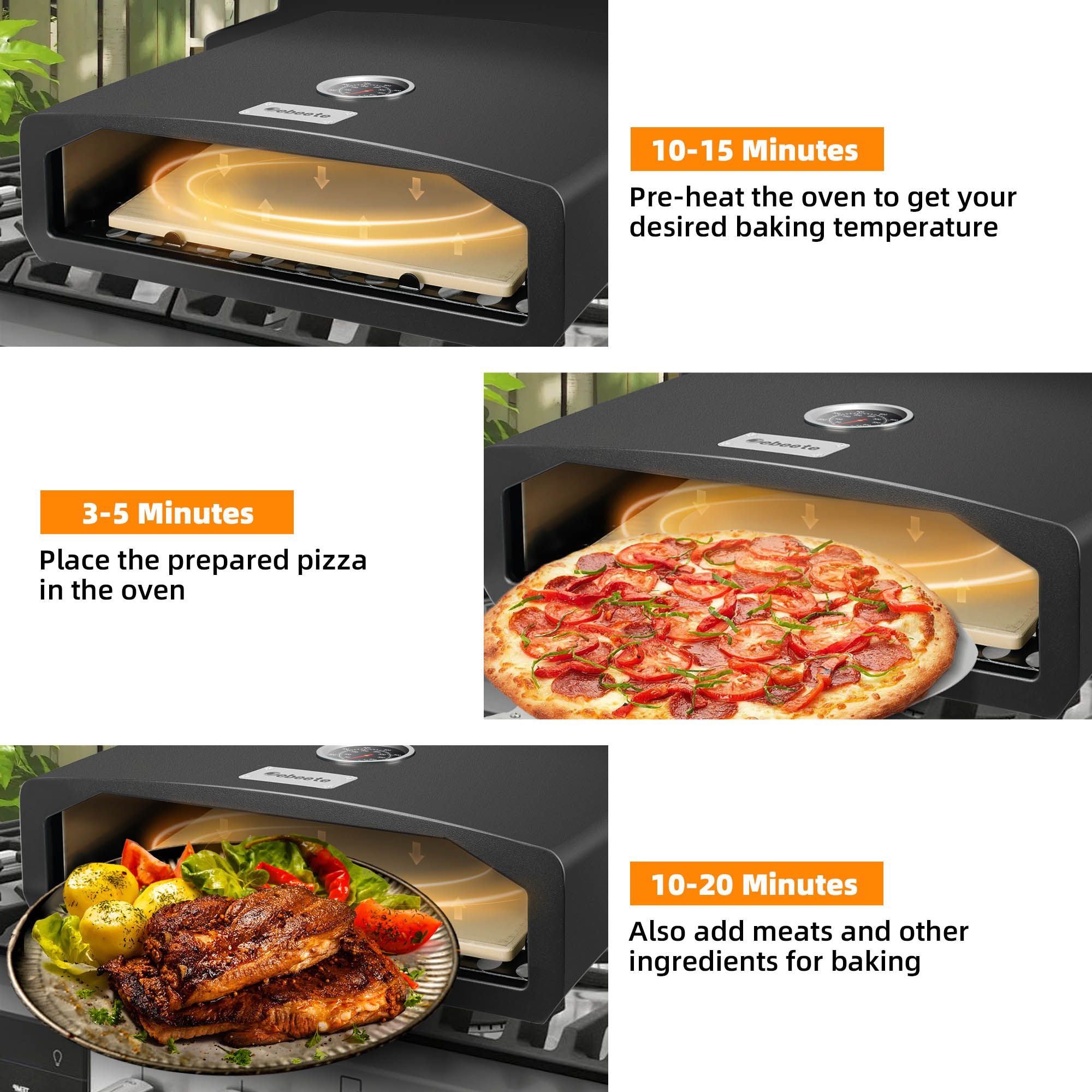 Portable Pizza Oven for Outdoor Camp Stove and Indoor Gas Range, Stove Burner Top Pizza Box with Pizza Stone and Pizza Peel,Black cooking steps