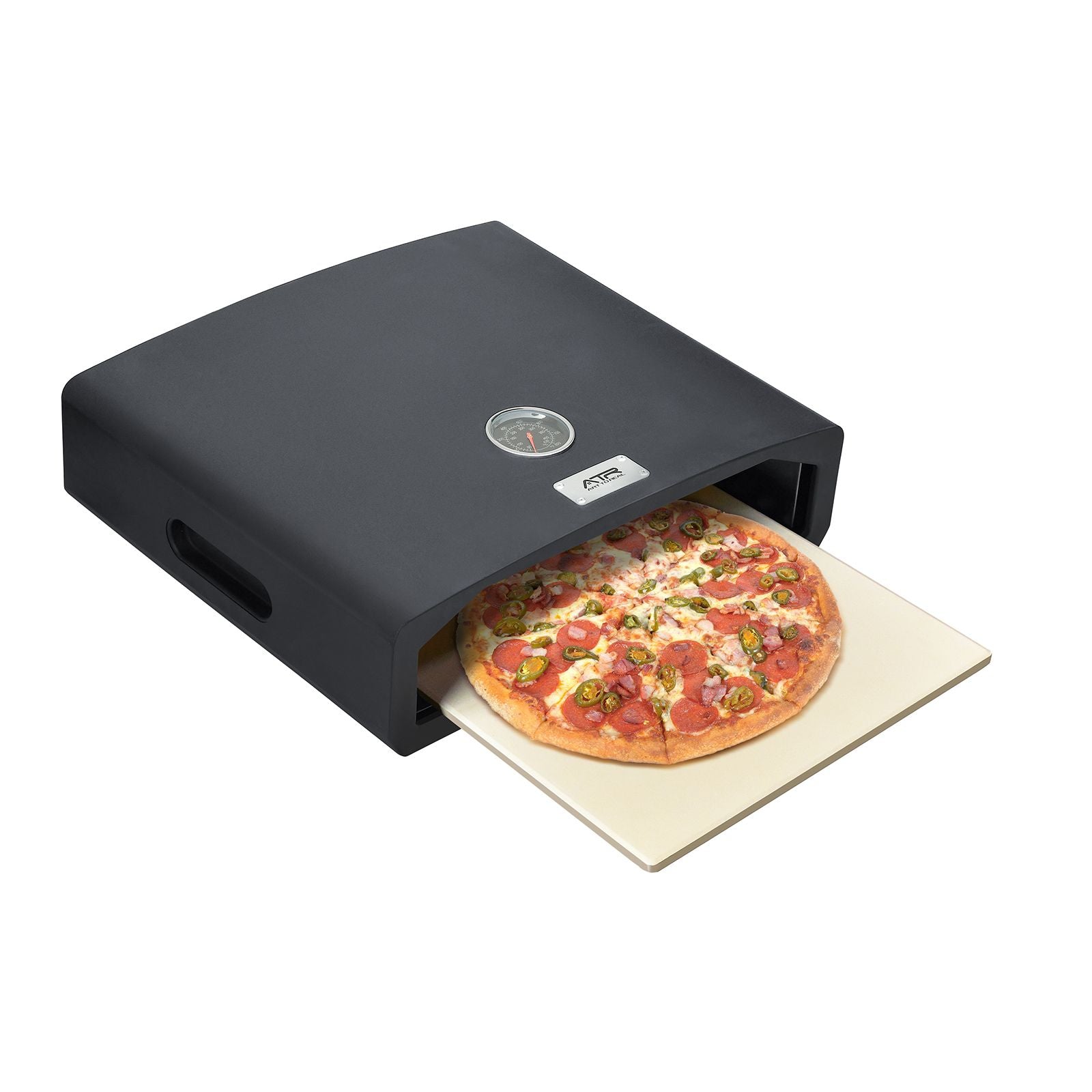Portable Pizza Oven for Outdoor Camp Stove and Indoor Gas Range, Stove Burner Top Pizza Box with Pizza Stone and Pizza Peel,Black with pizza inside.