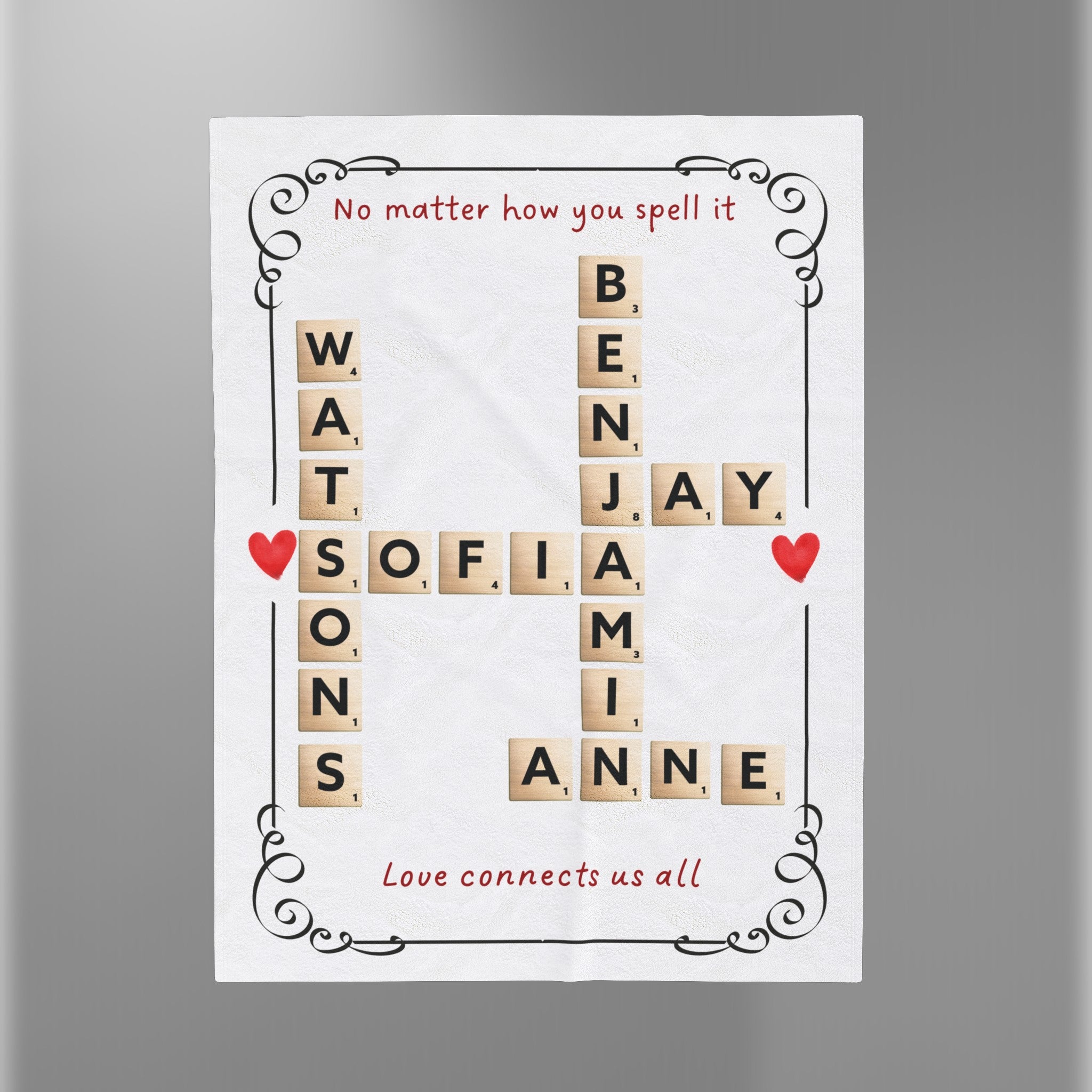 Personalized family name blanket with Scrabble-style crossword design and heart accents