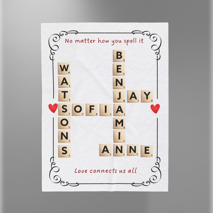 Personalized family name blanket with Scrabble-style crossword design and heart accents
