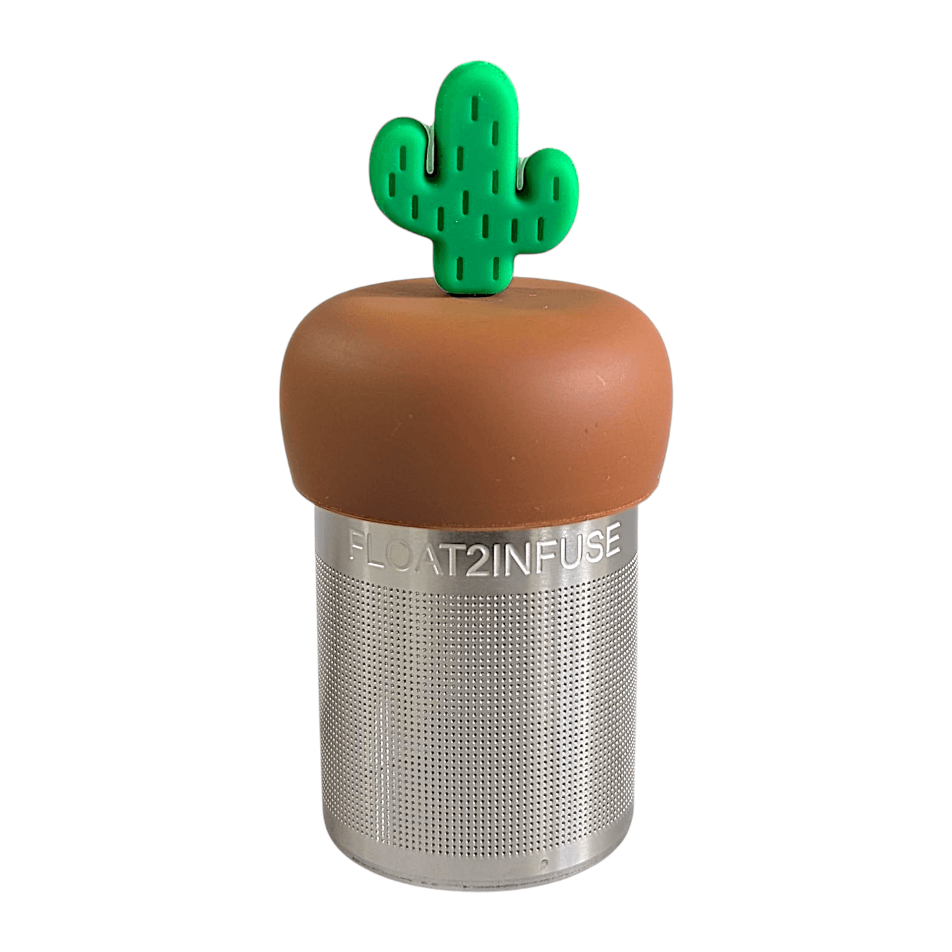 Tea infuser with cactus-shaped top on a white background