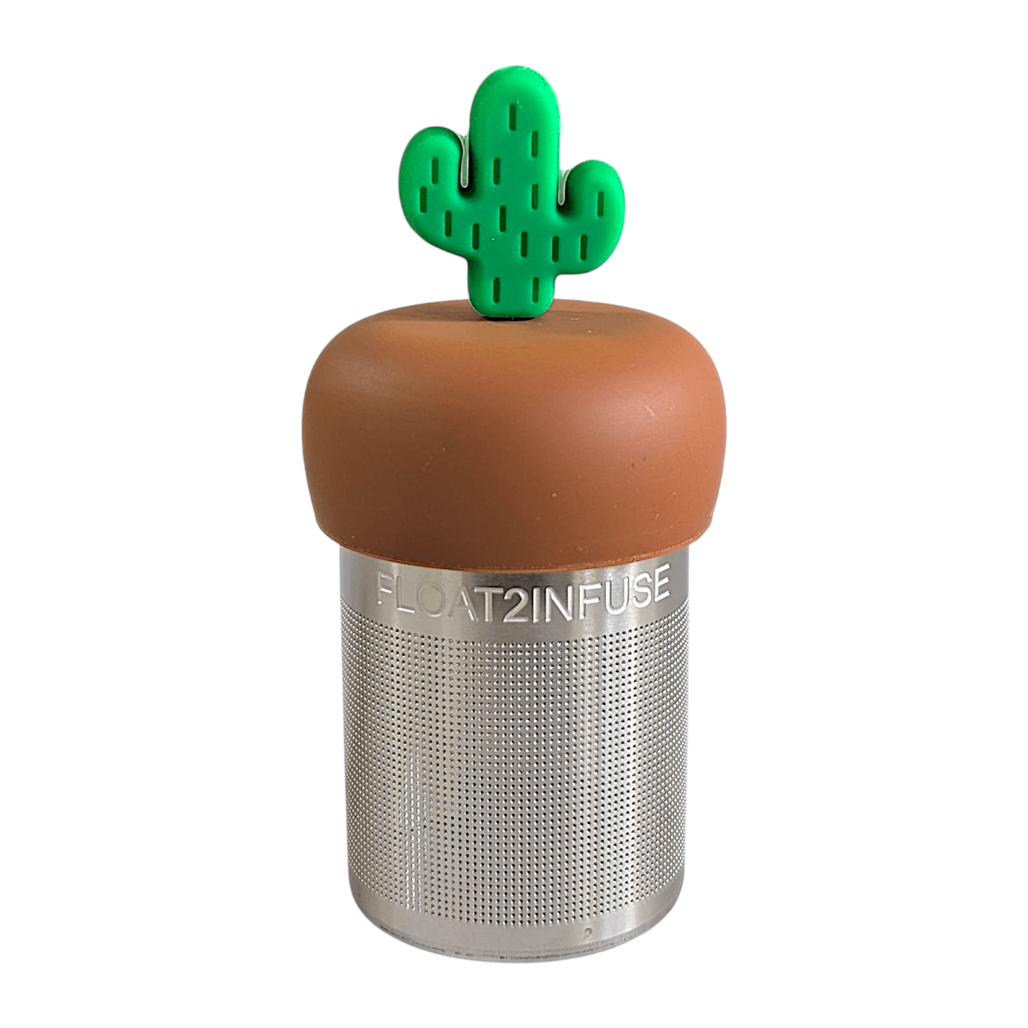 Tea infuser with cactus-shaped top on a white background