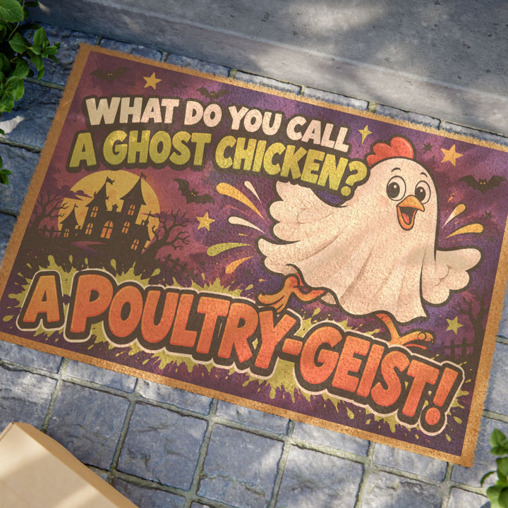 Funny Halloween doormat featuring a ghost chicken and the dad joke “What do you call a ghost chicken? A poultrygeist!” with spooky Halloween graphics.