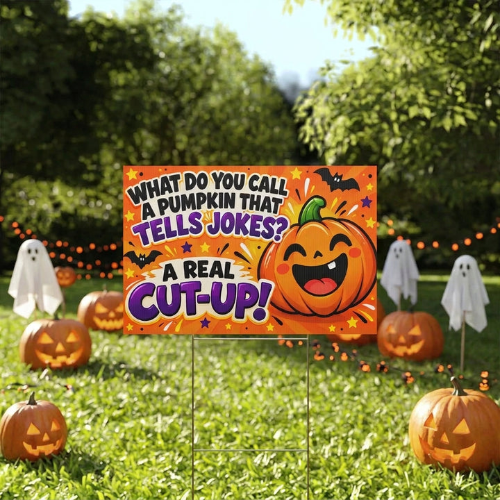 Colorful Halloween yard sign with smiling jack-o'-lanterns and a funny pumpkin dad joke, displayed in a festive autumn lawn