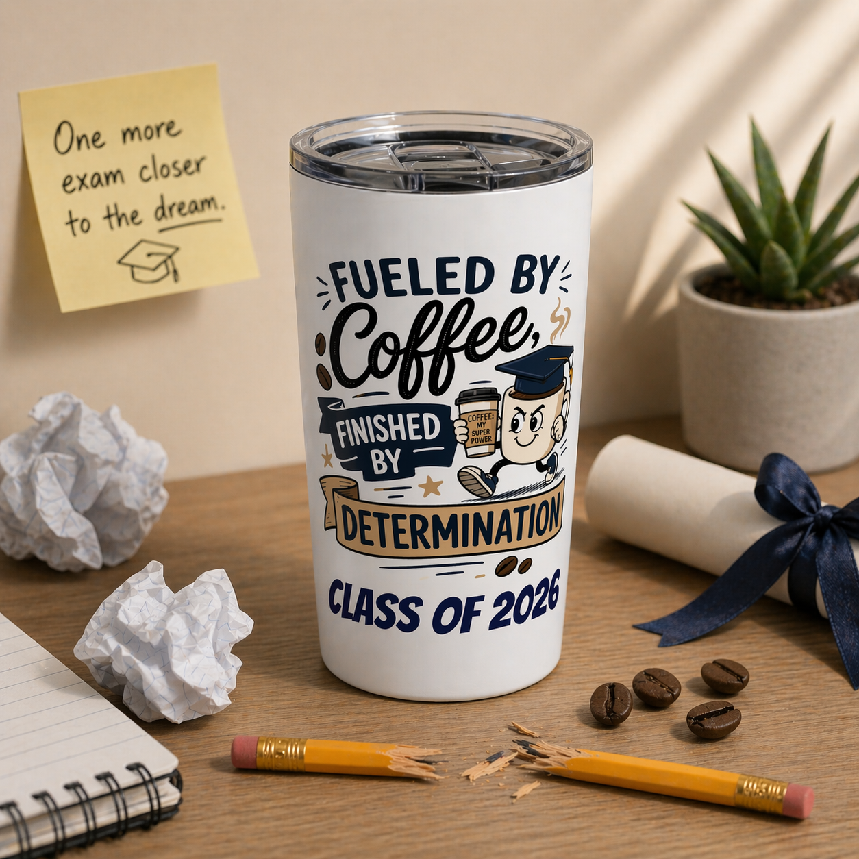 Graduation coffee tumbler with Fueled by Coffee Finished by Determination Class of 2026 design on desk with diploma and coffee beans