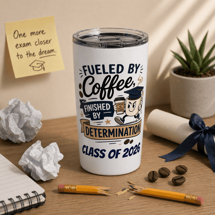 Graduation coffee tumbler with Fueled by Coffee Finished by Determination Class of 2026 design on desk with diploma and coffee beans