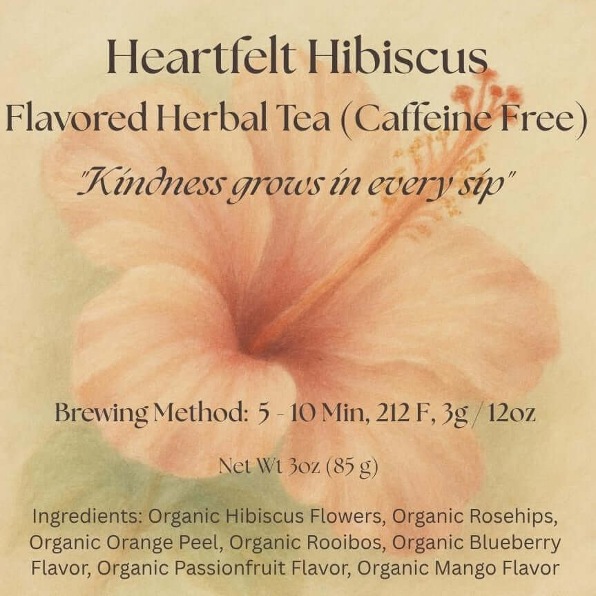 KindLeaf Tea package with heart-shaped hibiscus flower and text about the tea.