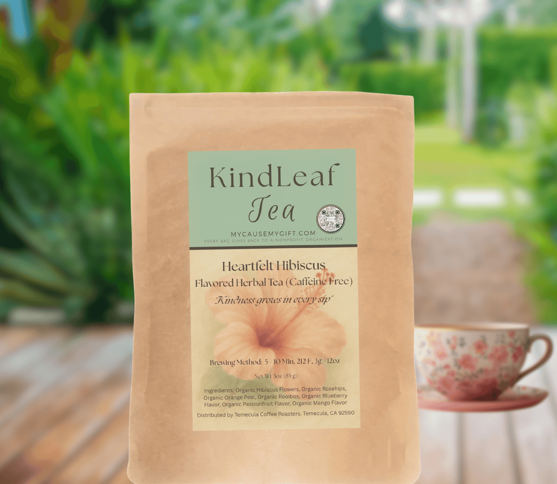 KindLeaf Tea package with a blurred outdoor background